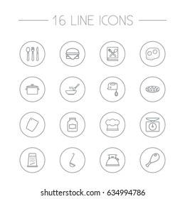 Set Of 16 Culinary Outline Icons Set.Collection Of Hamburger, Hat, Kettle And Other Elements.