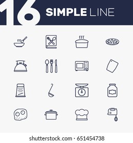 Set Of 16 Culinary Outline Icons Set.Collection Of Kettle, Omelette, Grater And Other Elements.