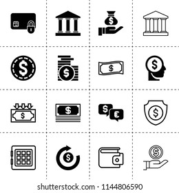 Set of 16 currency filled and outline icons such as money in head, money coin, dollar, bank, coin, credit card security, devaluation, wallet