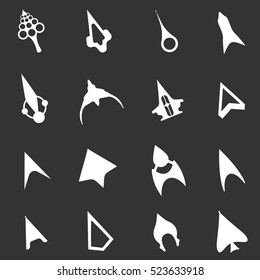 Set of 16 cursors. Unusual design. Vector. Futuristic cursors in the form of spaceships and simple cursors.
Game design, interface element.