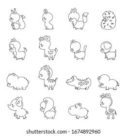 Set of 16 cute animals. Outlined animals isolated on white background. Vector 8 EPS