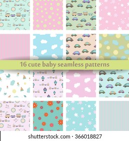 Set of 16 Cute baby seamless pattern. Retro pink, white and blue colors. Texture for wallpaper, web page background, fabric and paper. Set of abstract pretty ornament.Baby shower, baby background 