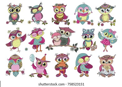Set of 16 cute colorful cartoon owls. Funny illustration of birds on white background. Can be used for baby shower, kids design, birthday cards, invitations, print, textile.