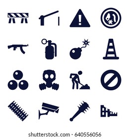set of 16 danger filled icons such as cone barrier, barrier, digging man, bomb, security camera, dynamite, mace, ball, gas mask, ammo, submachine gun