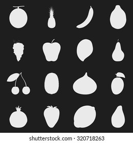 Set of 16 dark grey square icons silhouettes of fruits and berries: melon, pineapple, banana, papaya, grape, apple, mango, pear, cherry, kiwi, figs, plum, pomegranate, strawberry, lemon and avocado.