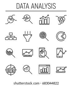 Set Of 16 Data Analysis Thin Line Icons. High Quality Pictograms Of Data Analysis. Modern Line Art Style Icons Collection. Charts, Graphs, Traffic Analysis, Big Data And More.