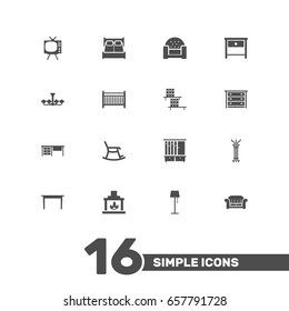 Set Of 16 Decor Icons Set.Collection Of Commode, Bedside Table, Luster And Other Elements.