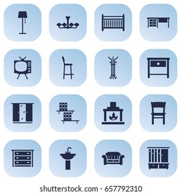 Set Of 16 Decor Icons Set.Collection Of Coat Stand, Television, Cupboard Elements.