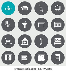 Set Of 16 Decor Icons Set.Collection Of Chimney, Cupboard, Stool And Other Elements.