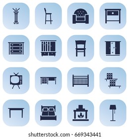Set Of 16 Decor Icons Set.Collection Of Chair, Desk, Commode And Other Elements.