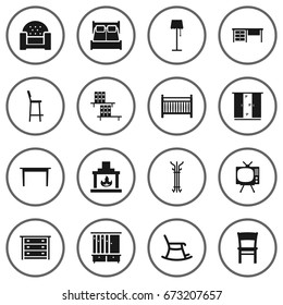 Set Of 16 Decor Icons Set.Collection Of Wardrobe, Worktop, Bookcase And Other Elements.
