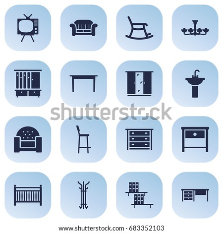 Set Of 16 Decor Icons Set.Collection Of Wardrobe, Cot, Desk And Other Elements.