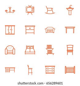 Set Of 16 Decor Outline Icons Set.Collection Of Double Bed, Table, Washbasin And Other Elements.
