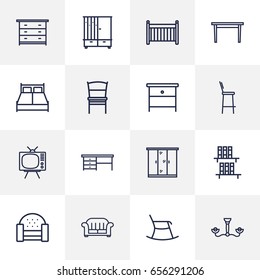 Set Of 16 Decor Outline Icons Set.Collection Of Double Bed, Chandelier, Closet Elements.