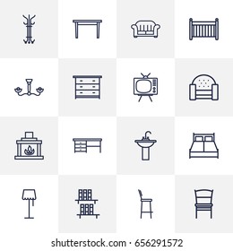 Set Of 16 Decor Outline Icons Set.Collection Of Chandelier, Desk, Washbasin Elements.