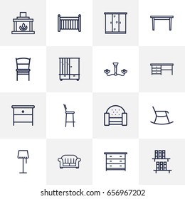 Set Of 16 Decor Outline Icons Set.Collection Of Chandelier, Chair, Crib Elements.