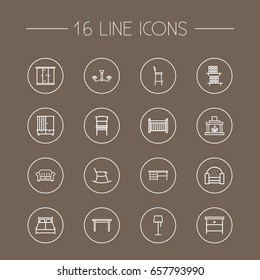Set Of 16 Decor Outline Icons Set.Collection Of Hall Tree, Armchair, Fireplace And Other Elements.