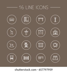 Set Of 16 Decor Outline Icons Set.Collection Of Nightstand, Hall Tree, Washbasin Elements.