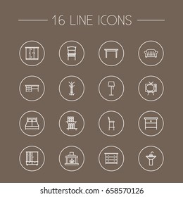 Set Of 16 Decor Outline Icons Set.Collection Of Bookshelf, Desk, Hanger And Other Elements.
