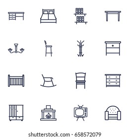 Set Of 16 Decor Outline Icons Set.Collection Of Nightstand, Moving Chair, Hall Tree Elements.