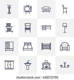 Set Of 16 Decor Outline Icons Set.Collection Of Bar Stool, Crib, Hall Tree And Other Elements.