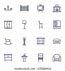 Set Of 16 Decor Outline Icons Set.Collection Of Sofa, Hall Tree, Drawer Unit And Other Elements.