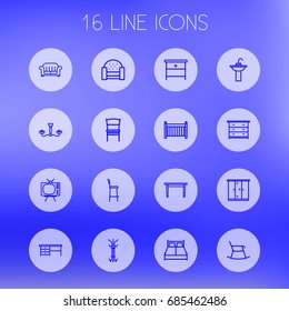 Set Of 16 Decor Outline Icons Set.Collection Of Moving Chair, Double Bed, Washbasin And Other Elements.