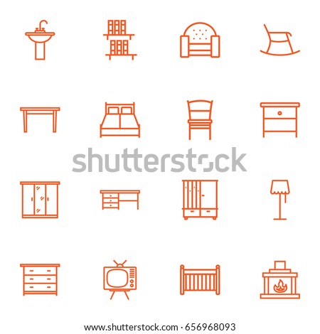 Set Of 16 Decor Outline Icons Set.Collection Of Desk, Fireplace, Chair And Other Elements.