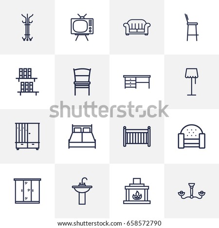 Set Of 16 Decor Outline Icons Set.Collection Of Bar Stool, Crib, Hall Tree And Other Elements.