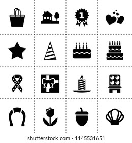 Set of 16 decoration filled icons such as acorn, star, cake, house, horseshoe, christmas candle, heart, birthday cap, ribbon, medal, chair, gift, beach bag, shell