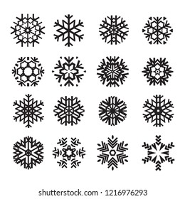 Set of 16 decorative blue snowflakes. Snowflakes icon. Vector illustration.
