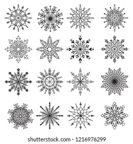 Set of 16 decorative blue snowflakes. Snowflakes icon. Vector illustration.