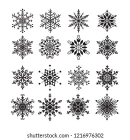 Set of 16 decorative blue snowflakes. Snowflakes icon. Vector illustration.