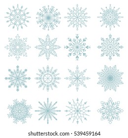 Set of 16 decorative blue snowflakes. Snowflakes icon. Vector illustration.
