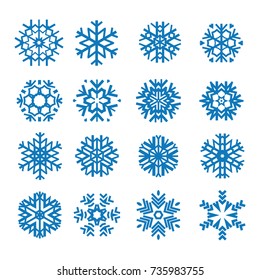 Set of 16 decorative blue snowflakes. Snowflakes icon. Vector illustration.
