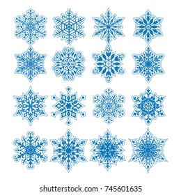 Set of 16 decorative blue snowflakes. Snowflakes icon. Vector illustration.