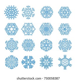 Set of 16 decorative blue snowflakes. Snowflakes icon. Vector illustration.