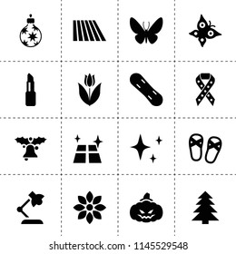 Set of 16 decorative filled icons such as field, flower, table lamp, spruce, shine, christmas tree toy, pumpkin, christmas bell, tulip, ribbon, lipstick, flip-flops