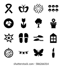 Set of 16 decorative filled icons such as leaf, tree, butterfly, window, lipstick, slippers, flower pot, party flag, fireworks, disco ball, ribbon