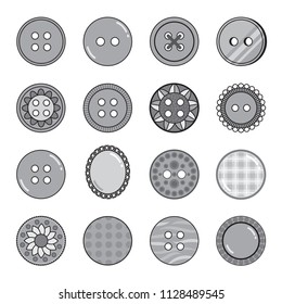 Set of 16 decorative grayscale icons of sewing and craft buttons