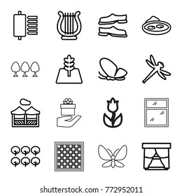 Set of 16 decorative outline icons such as tree, butterfly, slippers, window, pond, harp, spu, pergola, dragonfly, gift, flower