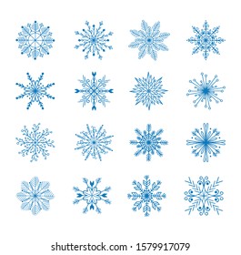 Set of 16  decorative  snowflakes. Snowflakes icon. Vector illustration.