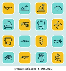 Set Of 16 Delivery Icons. Includes Speed Checker, Plane, Chopper And Other Symbols. Beautiful Design Elements.