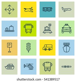 Set Of 16 Delivery Icons. Includes Stoplight, Lorry, Transport And Other Symbols. Beautiful Design Elements.