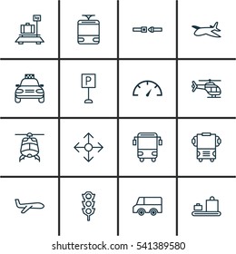 Set Of 16 Delivery Icons. Includes Flight Vehicle, Baggage, Road Pointer And Other Symbols. Beautiful Design Elements.