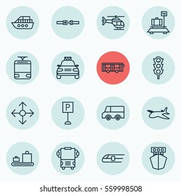 Set Of 16 Delivery Icons. Includes Lorry, Safety Belt, Flight Vehicle And Other Symbols. Beautiful Design Elements.