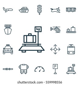 Set Of 16 Delivery Icons. Includes Boat, Flight Vehicle, Plane And Other Symbols. Beautiful Design Elements.