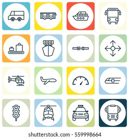 Set Of 16 Delivery Icons. Includes Baggage Carousel, Car Vehicle, Ship And Other Symbols. Beautiful Design Elements.