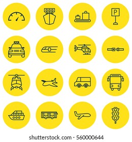 Set Of 16 Delivery Icons. Includes College Transport, Safety Belt, Flight Vehicle And Other Symbols. Beautiful Design Elements.