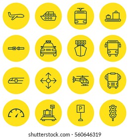 Set Of 16 Delivery Icons. Includes Streetcar, Baggage, Car Vehicle And Other Symbols. Beautiful Design Elements.